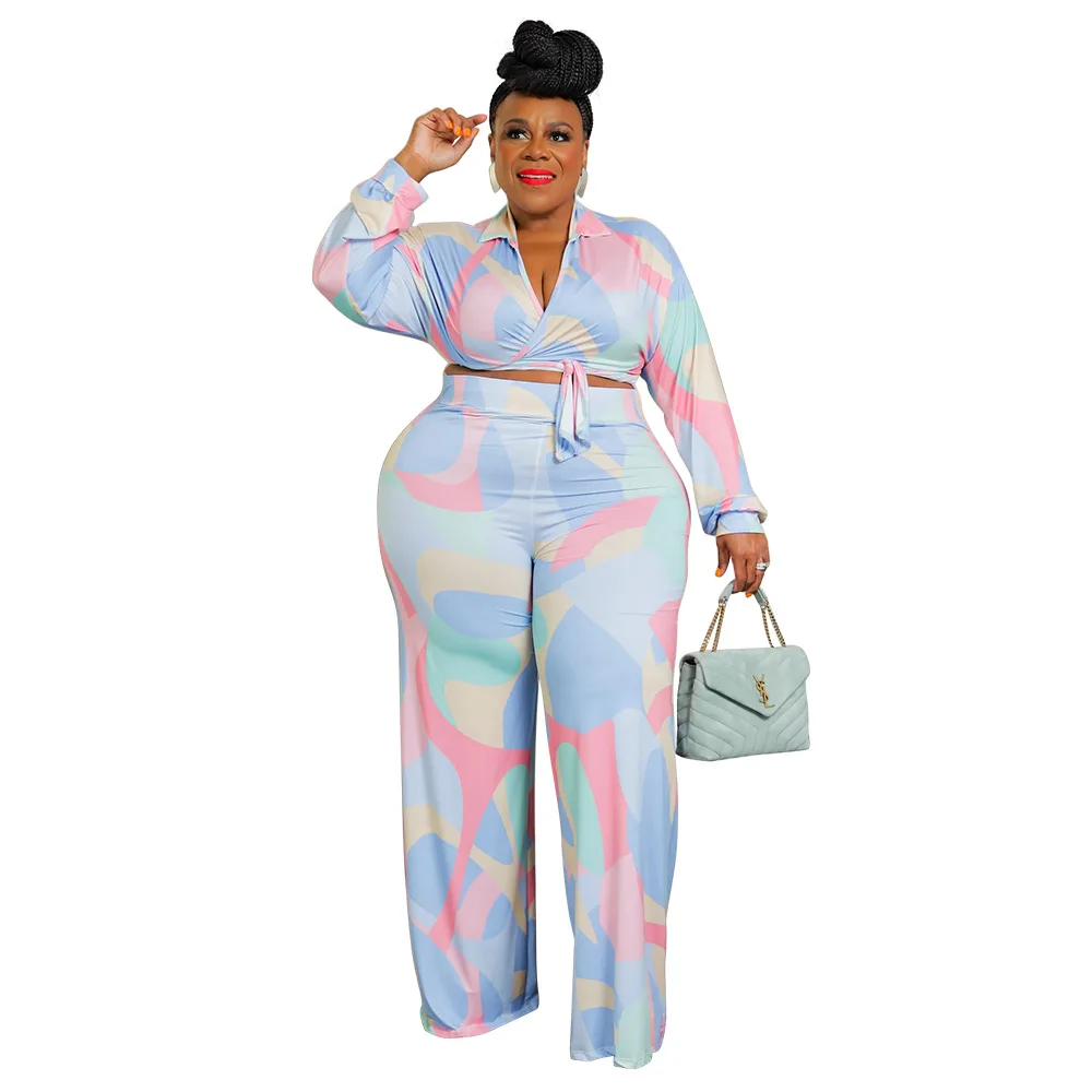 Plus Size Women's Wear 2022 Autumn/Winter New Fashion Print Lace Up Shirt Collar Pants Street Casual Set Temperament Commuter