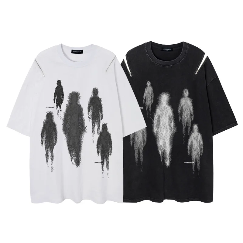 

Summer Fashion Men's Dark Style Short-Sleeved T-Shirt Casual Loose Splicing Drop-Shoulder Sleeve Cotton Round Neck Trend Tops