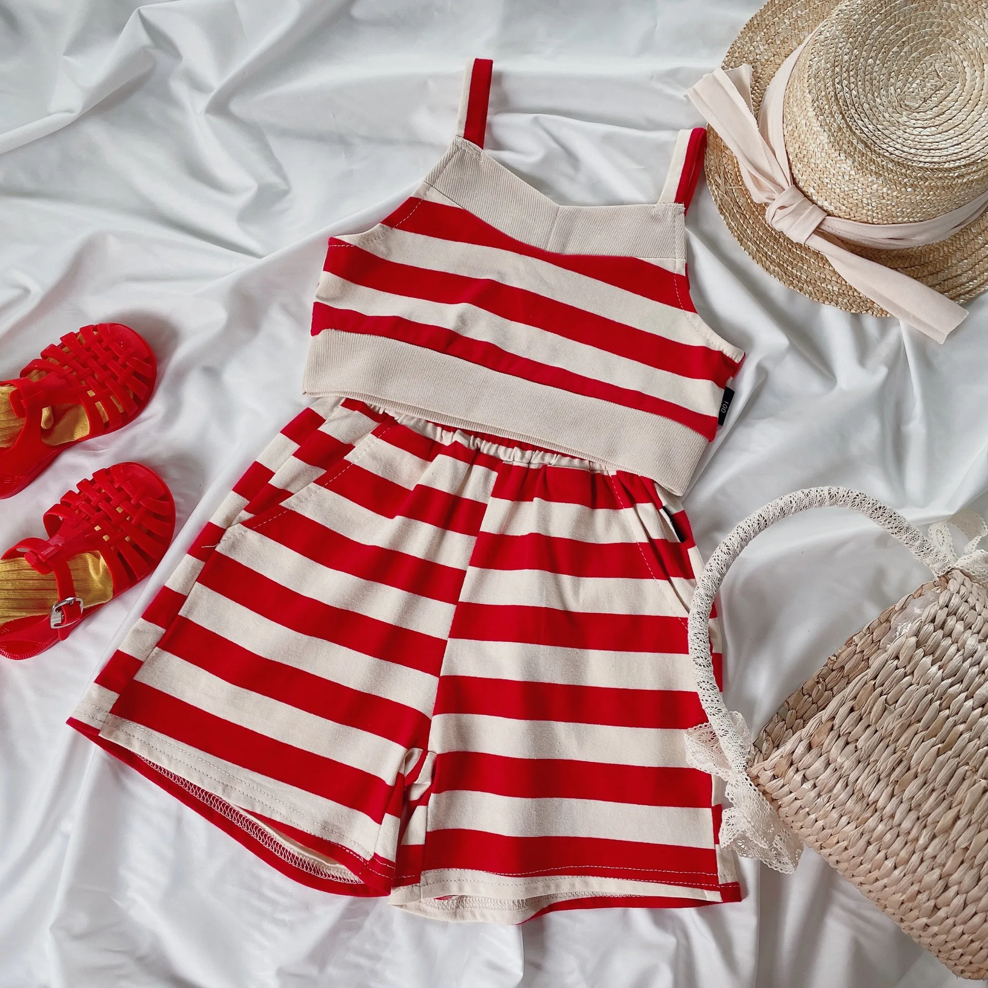 Freely Move 2022 Summer Baby Sleeveless Clothes Set Infant Girls Cute Stripped Print Tank Top T Shirt + Shorts Suit Kids Outfits