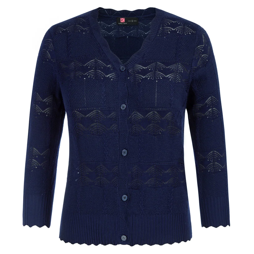 

KK Women Hollowed-out Textured Cardigan 3/4 Sleeve V-Neck Button-up Knitwear