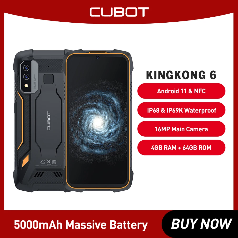 Cubot KingKong 6 IP68 Waterproof NFC 4G Dual SIM Android Phone Rugged Smartphone 64GB ROM 128GB Extended 5000mAh Battery