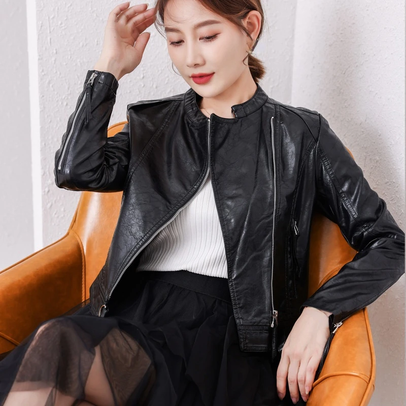 

Woman Leather Jacket Long Sleeve Zip Up Faux Leather Jacket Girls Stand Collar Short Moto Biker Coats Oversize Ladies Tops 4xl