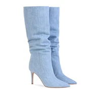 summer denim boots pointed toe boots solid slip on shoes women fashion casual female boots thin heels ladies shoes 2022 hot sale