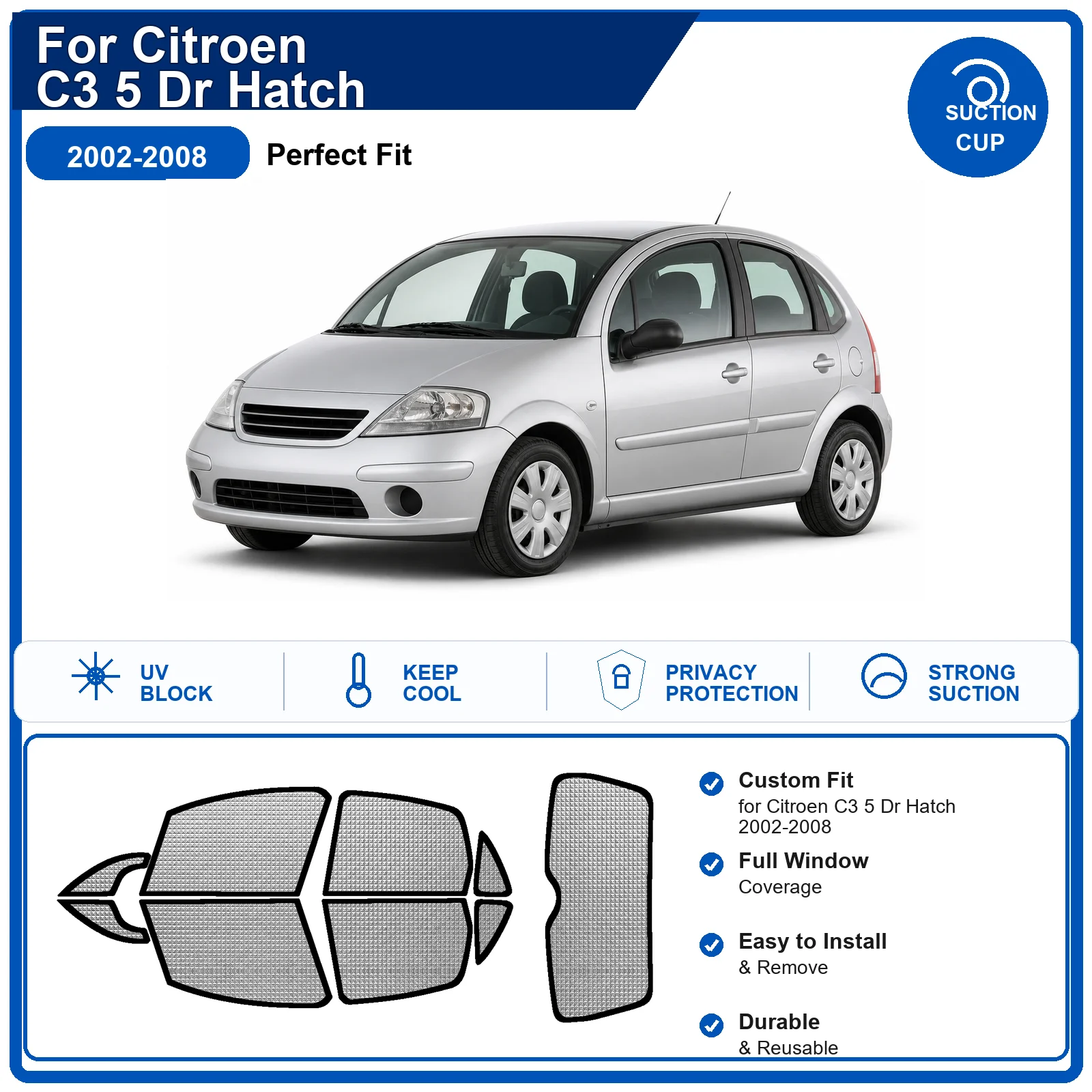 Фото Для Citroen C3 5-дверный хэтчбек 2002-2008: Полный комплект солнцезащитных шторок на лобовое стекло из алюминиевой фольги, теплоизоляционные, с защитой от УФ-лучей, складные №1