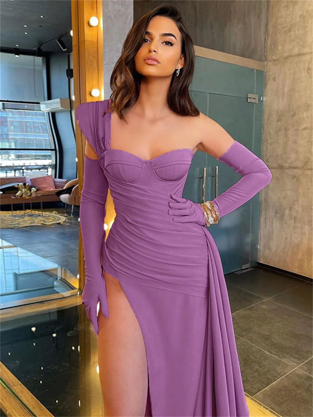 

One Shoulder Wrap Dress Robe Backless Split Long Sleeve Evening Party Dresses Women Ruched Elagant Night Club Asymmetric Vestido