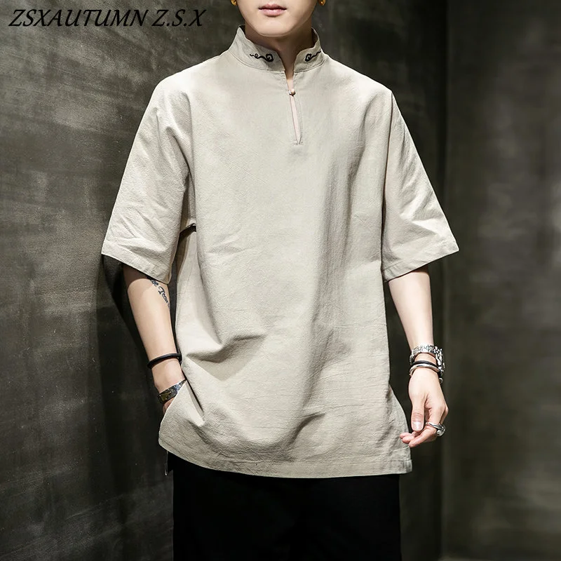 

New Chinese Style Tops Traditional Dress Stand Up Collar Embroidery Summer Linen Short Sleeve T Shirt Men Clothing Loose Casual
