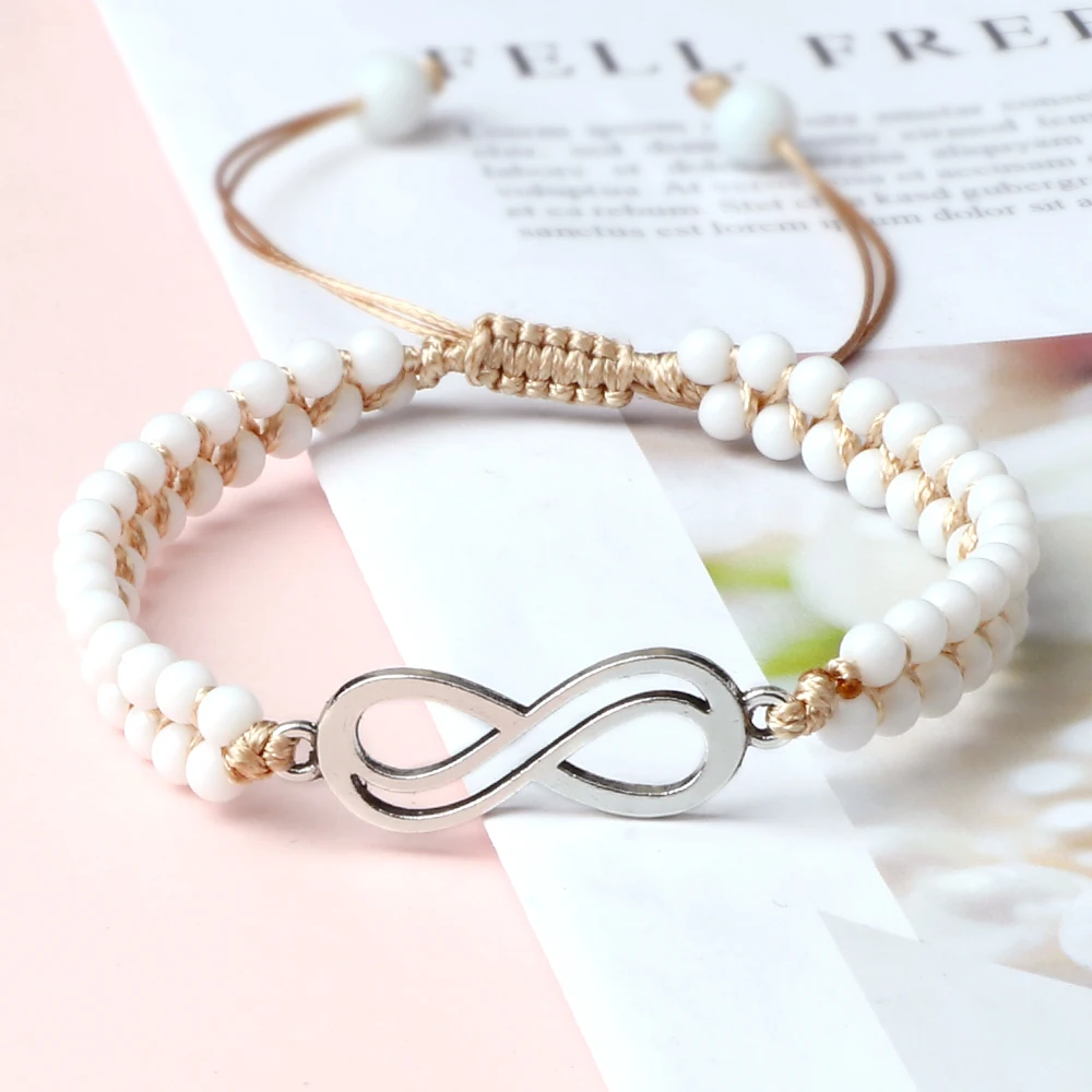 Двухрядный браслет в стиле бохо 4 мм белый фарфоровый из бисера подвеска виде