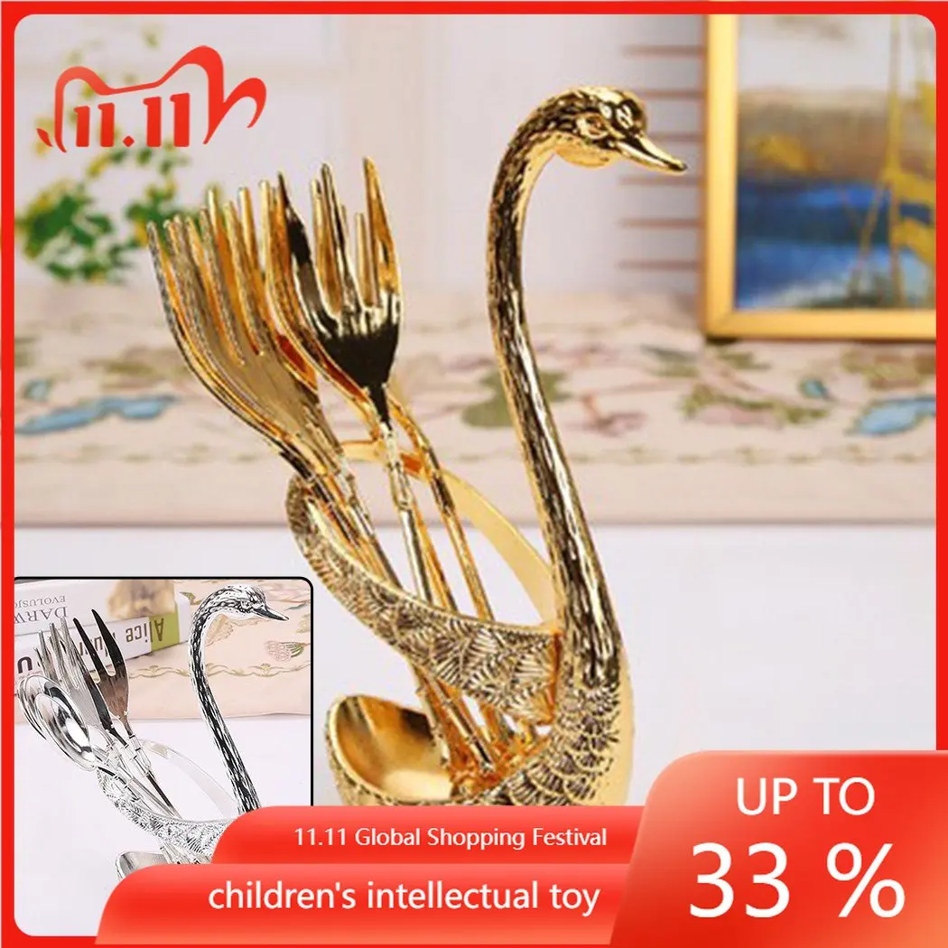 

7pcs Swan Fruit Base Holder Fork Set Silver/gold Salad Dessert Coffee Cake Tableware Stainless Steel Kitchen Dinnerware