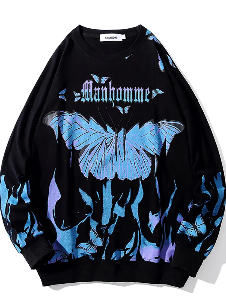 

Новинка, весна-осень, свитер в стиле Харадзюку, мужские топы, пуловеры с принтом огненная бабочка, женские рубашки в стиле бойфренд, готическ...