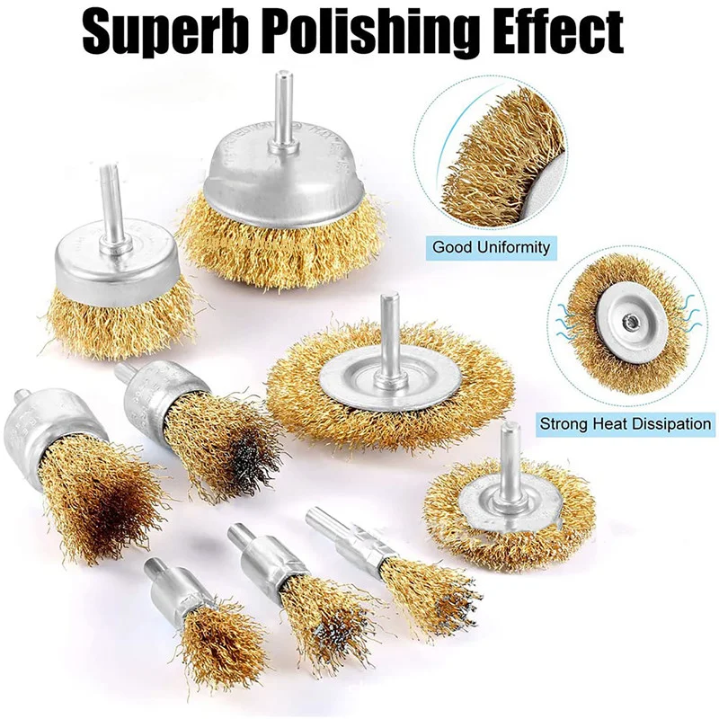 6mm Shank Carbon Steel Wire Cup Brush Brass Plated Wheel Brushes end brush Drill Rotary Tools Metal Rust Removal Polishing Brush