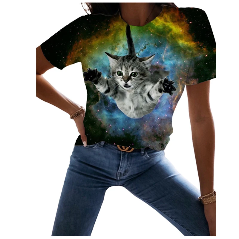 

Flying Space Cat Funny Women 3D Print T Shirts Fashion Ladies Trends Short Sleeve Tops Summer Casual O-Neck Loose Cotton Tshirts