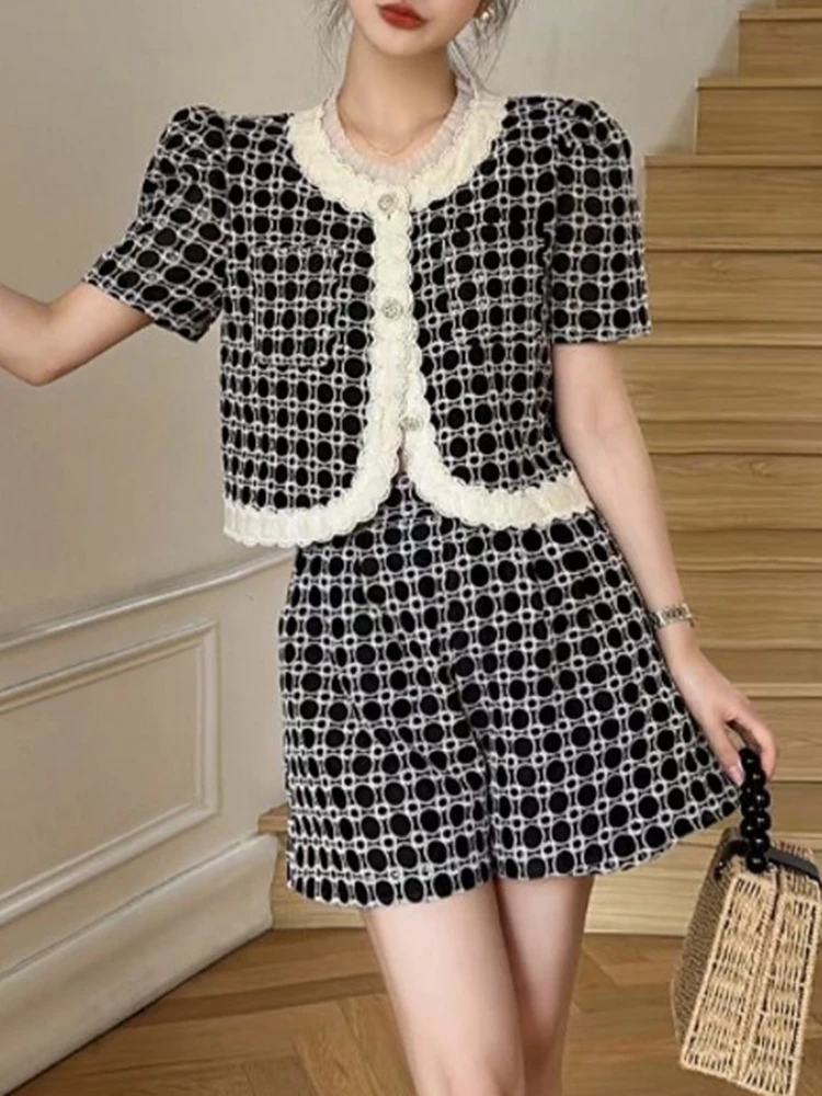 

2023 Women's Shorts Sets Dot Fashion Puff Sleeve Patchwork Coat + High Waist Shorts 2 Piece Set Short Top Suit Summer Outfits