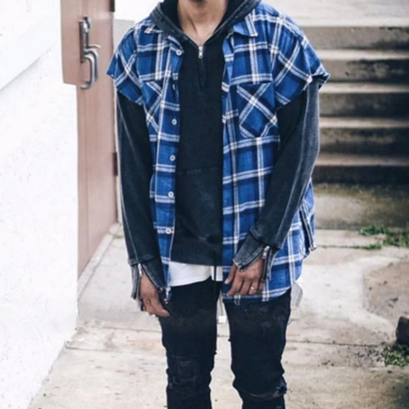 High Street Sleeveless Color Block Plaid Shirts Lapel Mens Retro Oversized Side Zipper Summer Casual Loose Tops Harajuku Hip Hop