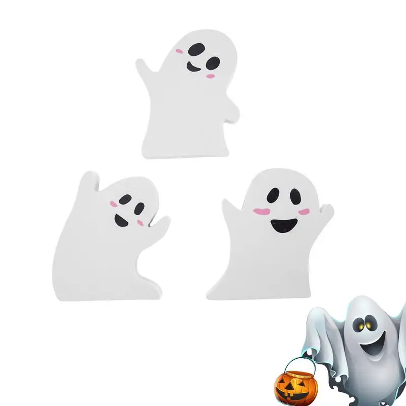 

3 Pack Cute White Ghosts Happy Halloween Wooden Centerpiece Signs Halloween Table Decorations Trick Or Treat Prop