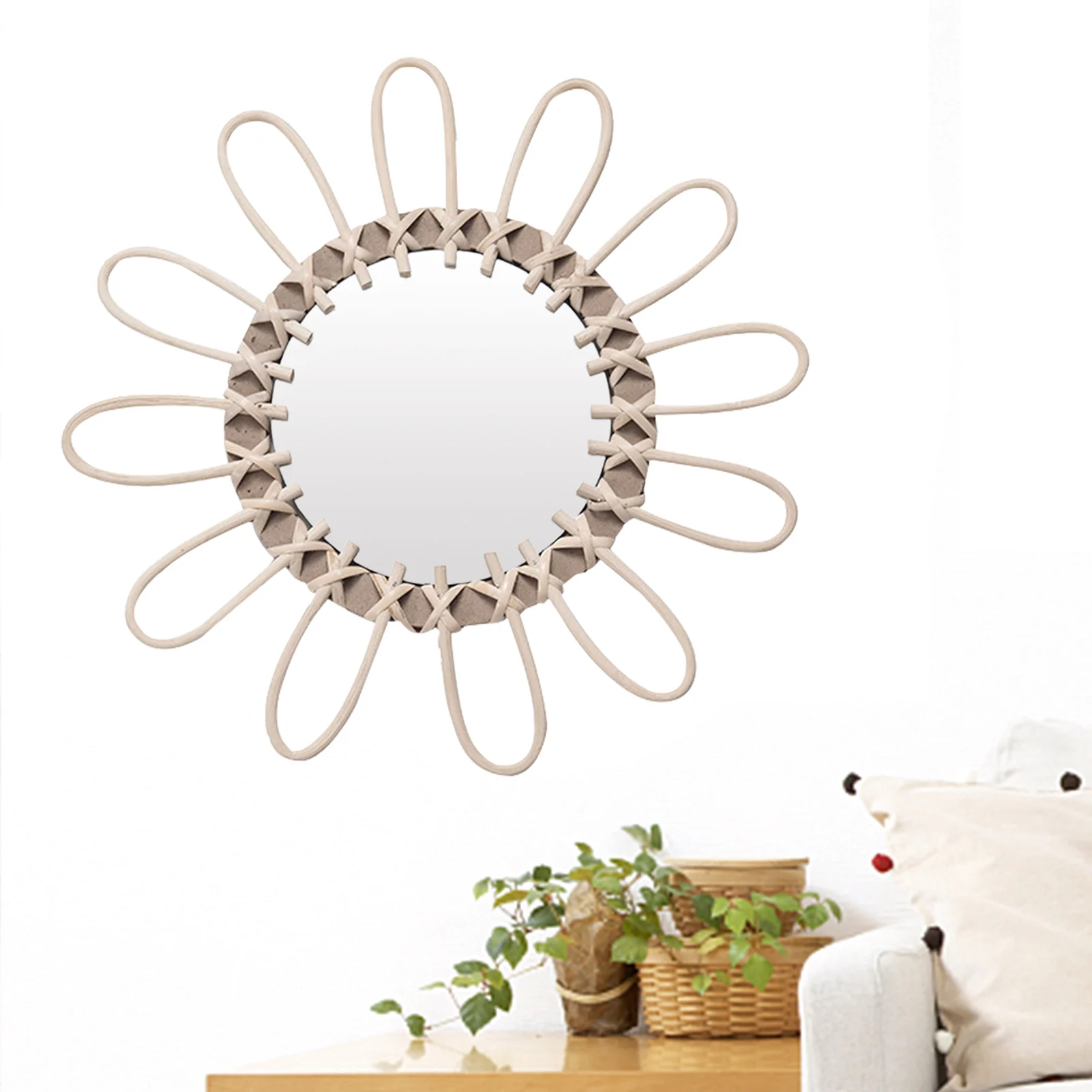 

Wall Mounted Suower Mirror Mounted Round Decorative Mirror Rattan Innovative Art Decoration For Bathroom B&B Hotel Bedroom