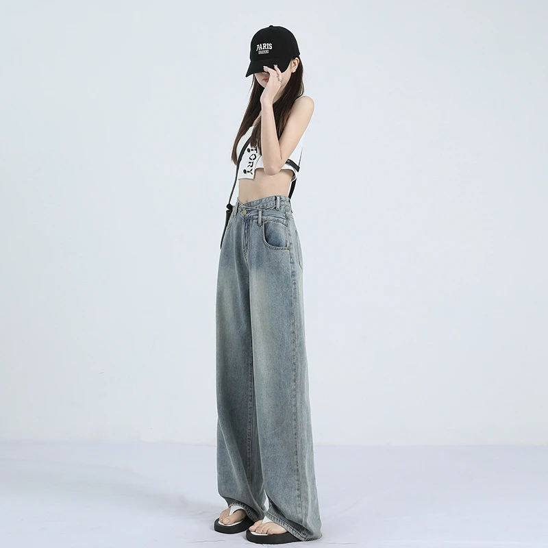 High waist wide leg jeans for female spring and summer 2023 Baby blue commuter trousers for teenagers