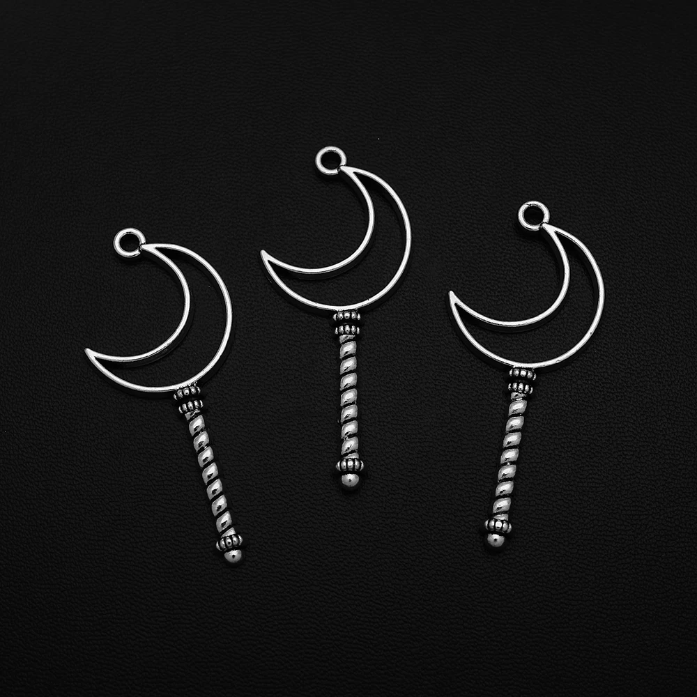 

5pcs/Lots 23x53mm Antique Silver Plated Crescent Moon Key Charms Hollow Scepter Pendants For Diy Vintage Keychain Jewelry Parts