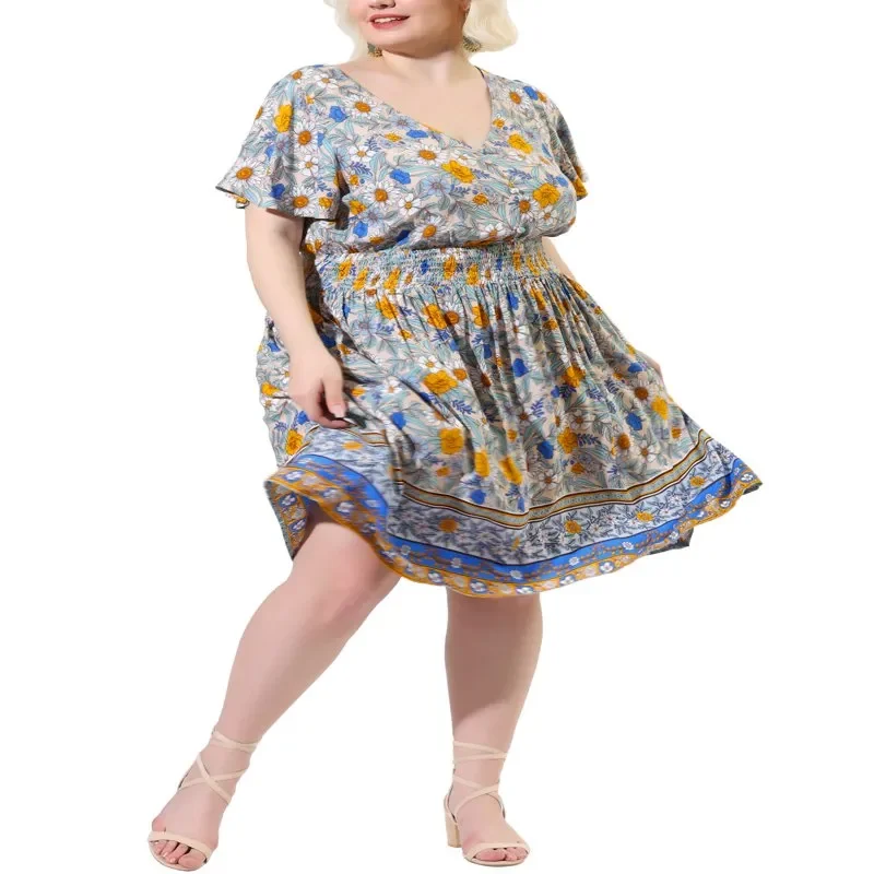 

Women`s Plus Size Holiday Floral Boho Smock Midi Dress
