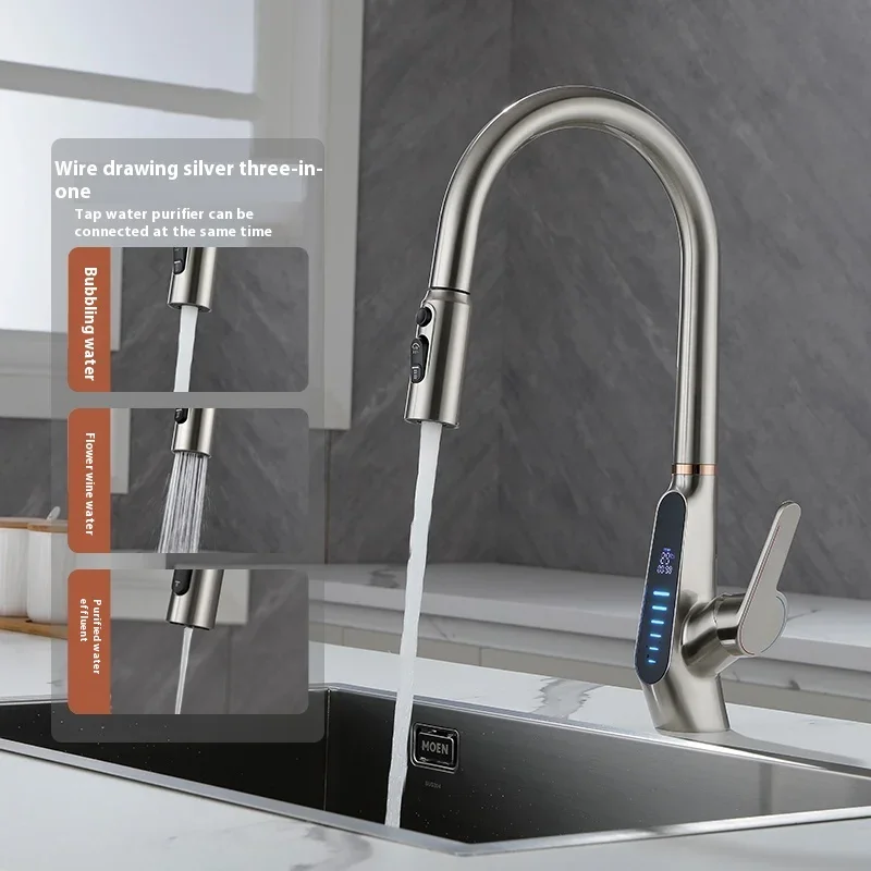 

Полностью медный кухонный смеситель, умный смеситель с цифровым дисплеем, выдвижная раковина для горячей и холодной воды, подключаемый очиститель воды
