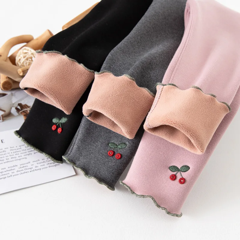 

New Girls Pants Winter Thick Leggings Cherry Pattern Little Girl Warm Skinny Pants Kids Trousers 3-10 Years Children Clothing