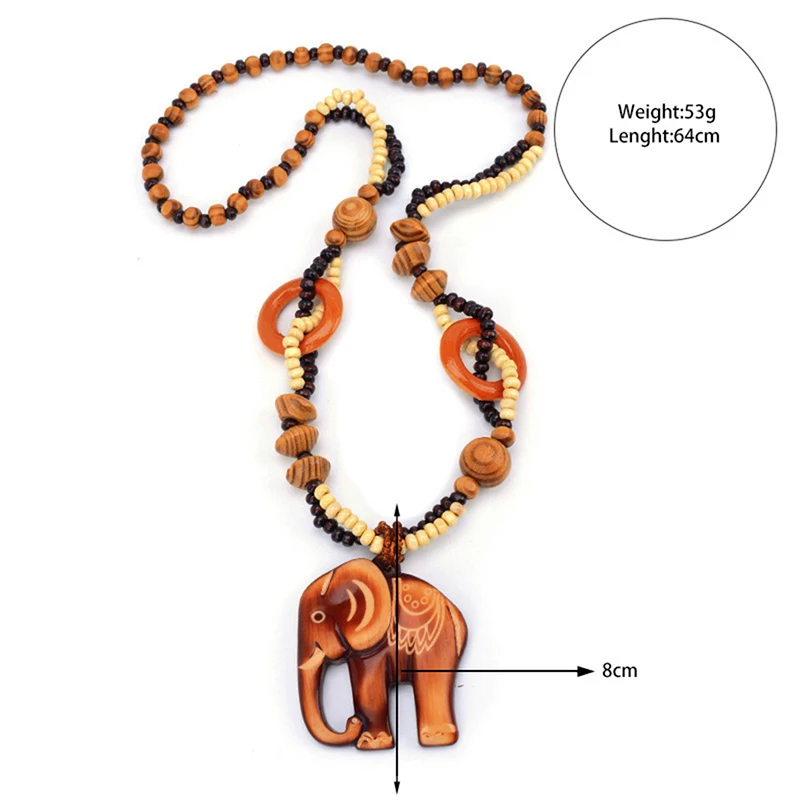 2022 Boho Jewelry Ethnic Style Long Hand Made Bead Wood Elephant Pendant Necklace for Women Price Decent women's neck |