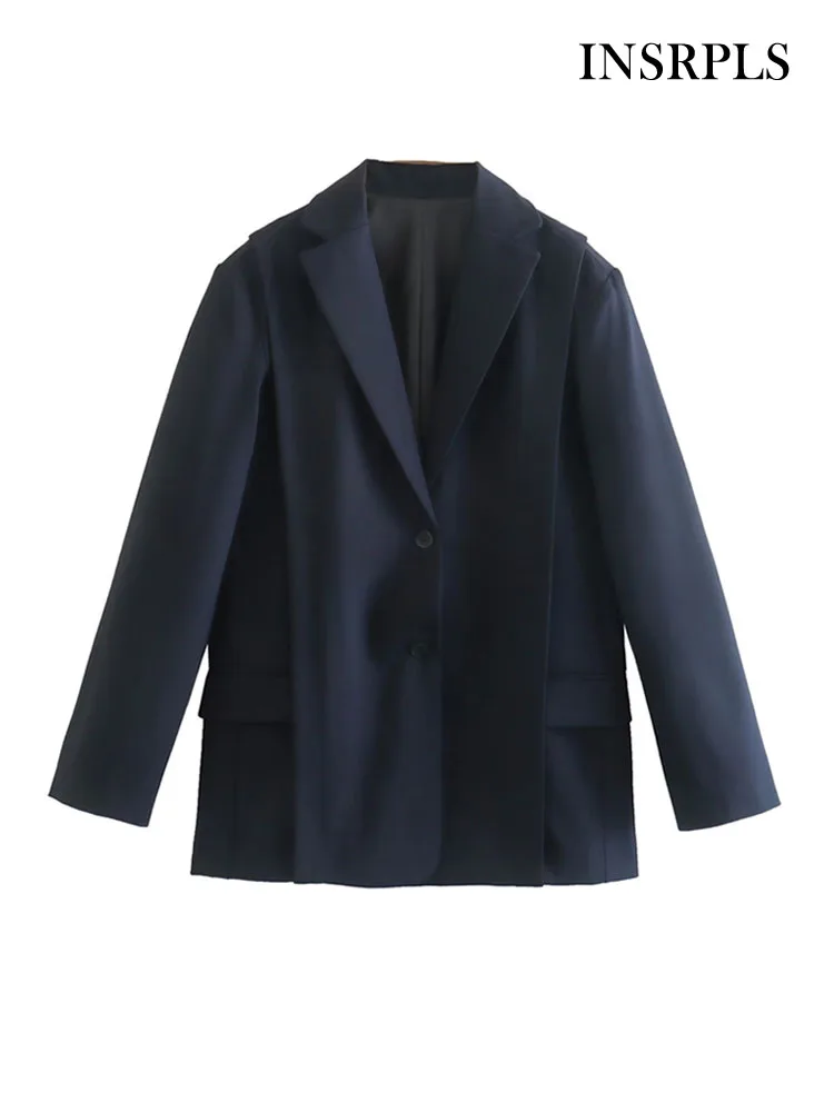 

INSRPLS Women Fashion Patchwork Oversized Blazer Coat Vintage Long Sleeve Flap Pockets Female Outerwear Chic Vestes Femmes