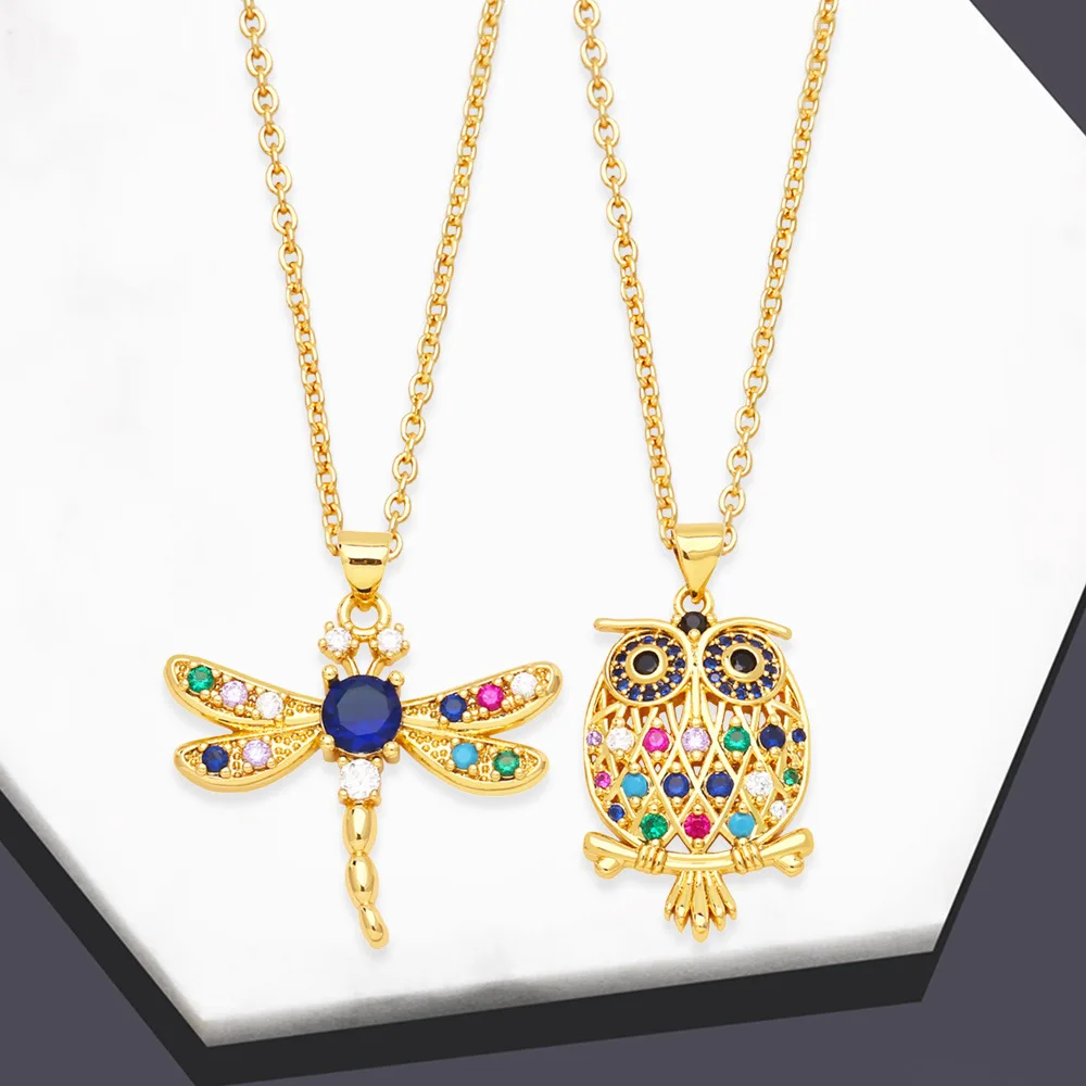 

V&YIDOU Cute inlaid color owl dragonfly pendant necklace clavicle chain N545