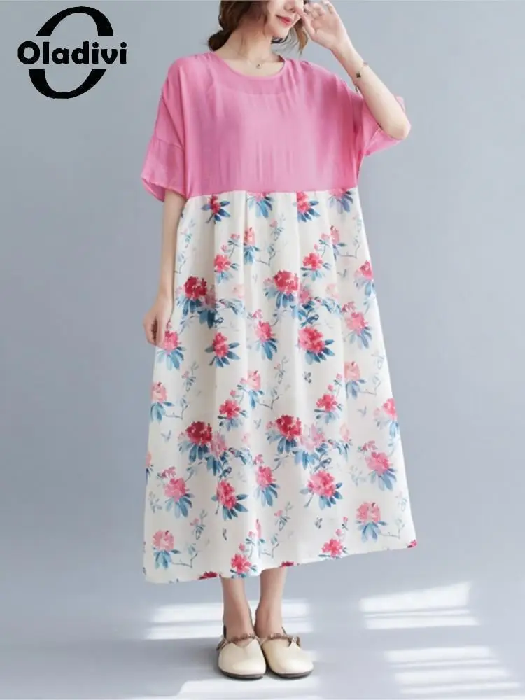 

Oladivi Short Sleeve Fashion Floral Patchwork Large Size Dresses for Women 2022 Summer New Casual Loose Oversized Dresses 1638