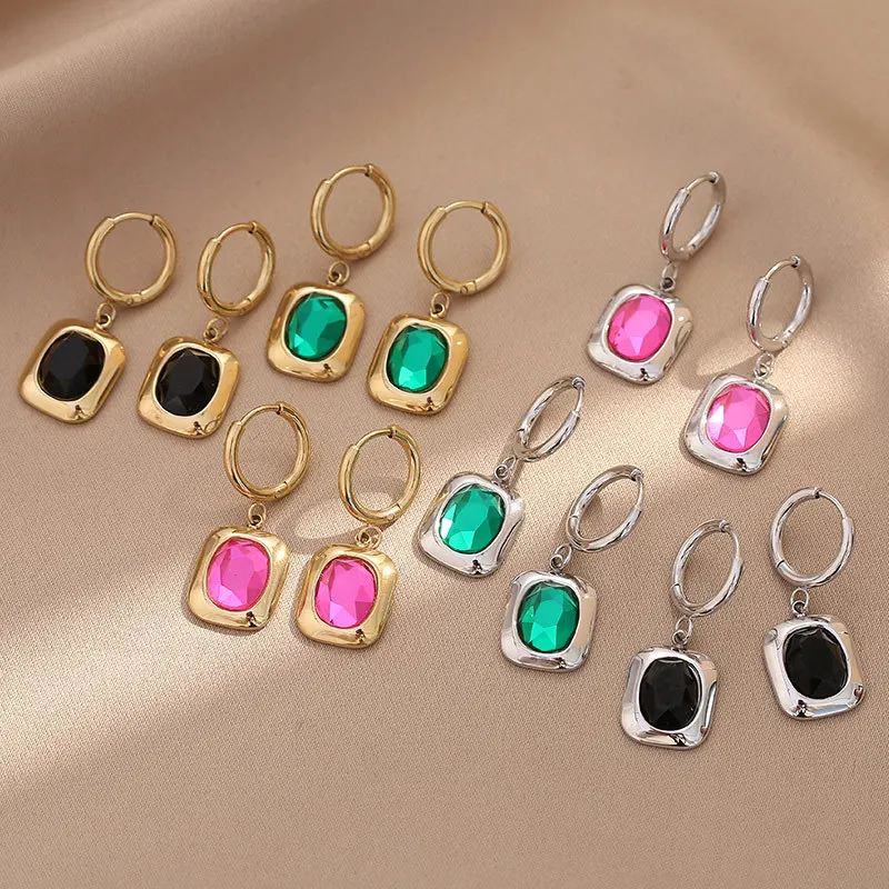 

Earrings 14K titanium steel earrings gold steel emerald square pendant jewelry