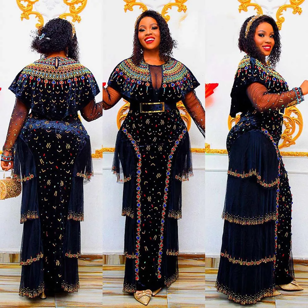

Luxury Beads Maxi Dress Women Fashion Mermaid Hot Diamonds Round Neck Long Sleeve Velvet African Female Party Dresses 2022 New