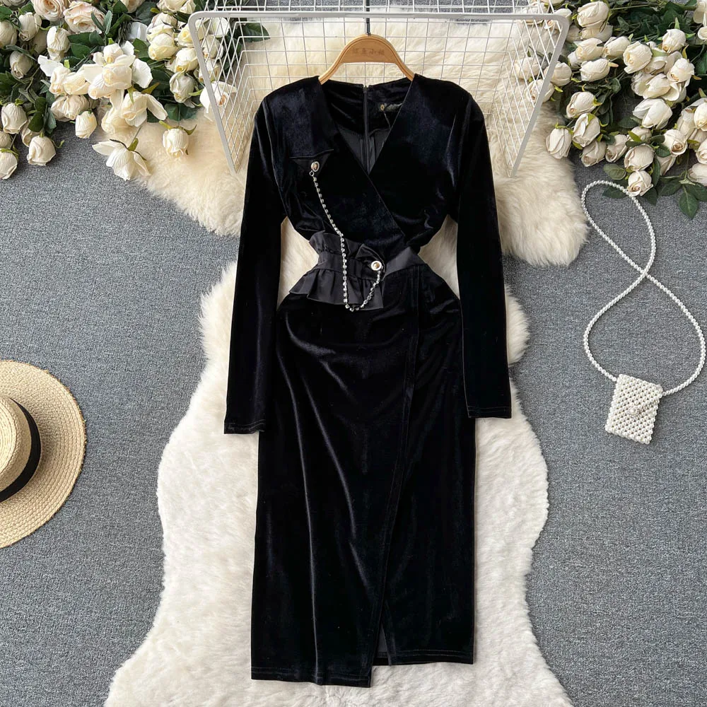 

Женское бархатное платье с V-образным вырезом, черное винтажное платье-трапеция с асимметричным подолом, офисная одежда в стиле Харадзюку, в...