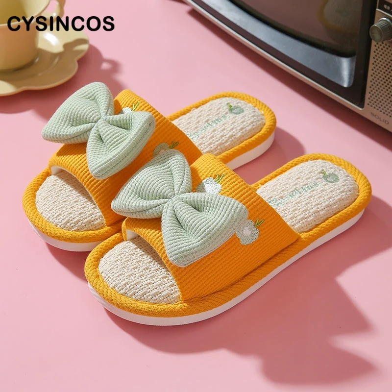 

Linen Platform Women Slippers Sweet Bowknkot Cotton Home Shoes 2022 Casual Flip-flops Indoor Thick Slides Women Shoes Sandals