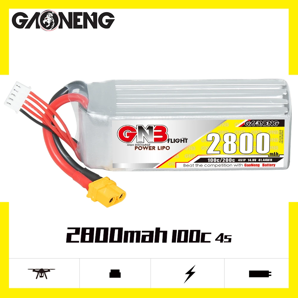 

Gaoneng GNB 4S1P 2800mAh 14.8V 100C/200C Lipo Battery With XT60 Plug For FPV Racing Drone RC Car Boat Helicopter Airplane Parts