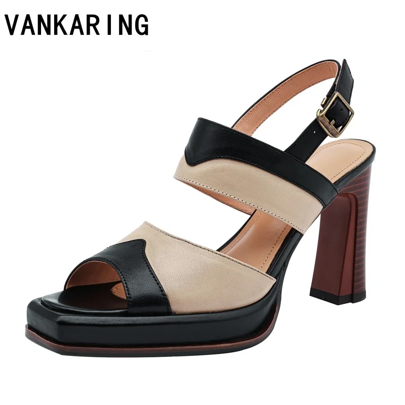 

Женские сандалии из натуральной кожи, на высоком квадратном каблуке