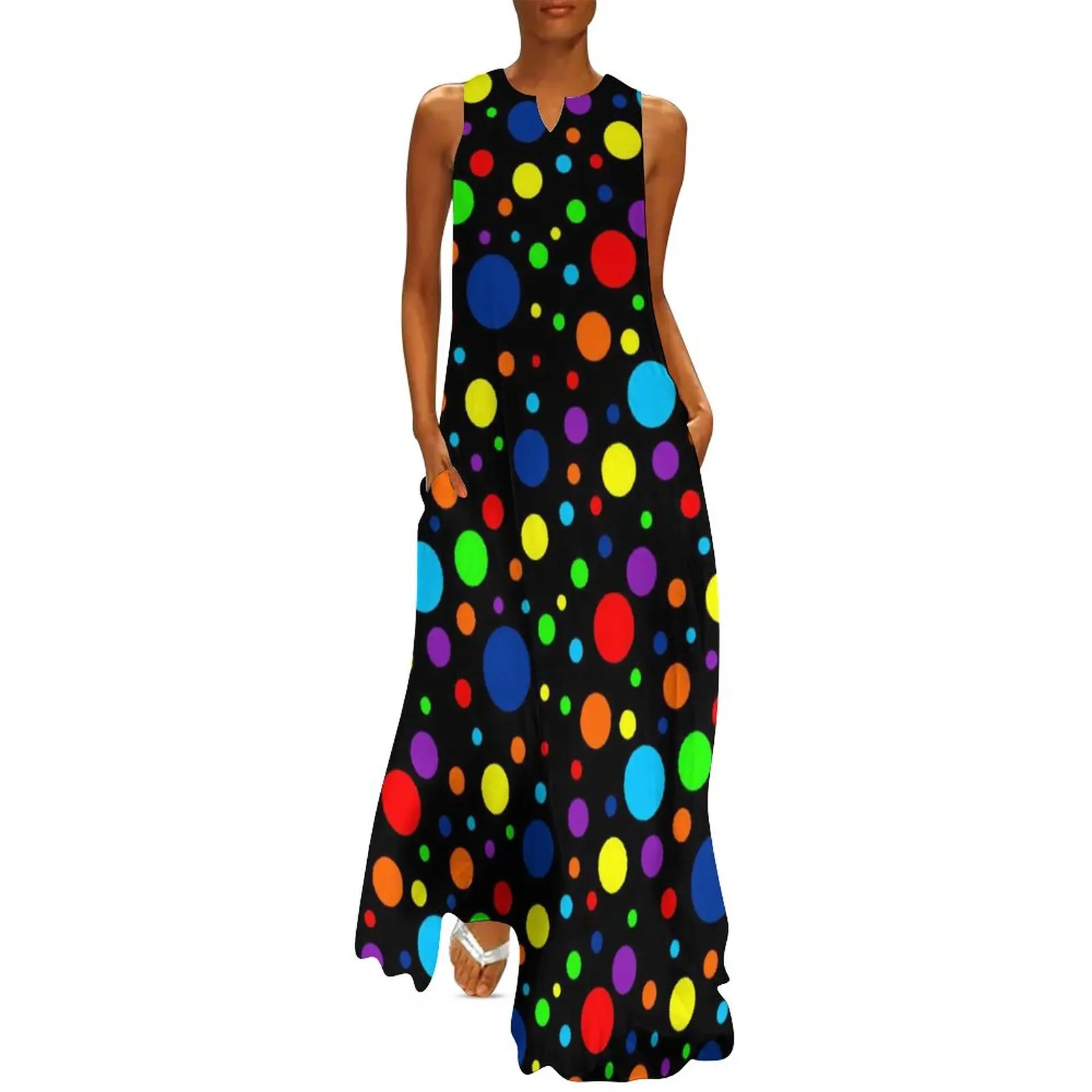 

Vintage 80S Polka Dots Dress Dark Rainbow Spot Vintage Maxi Dress Streetwear Bohemia Long Dresses V Neck Print Oversize Vestidos