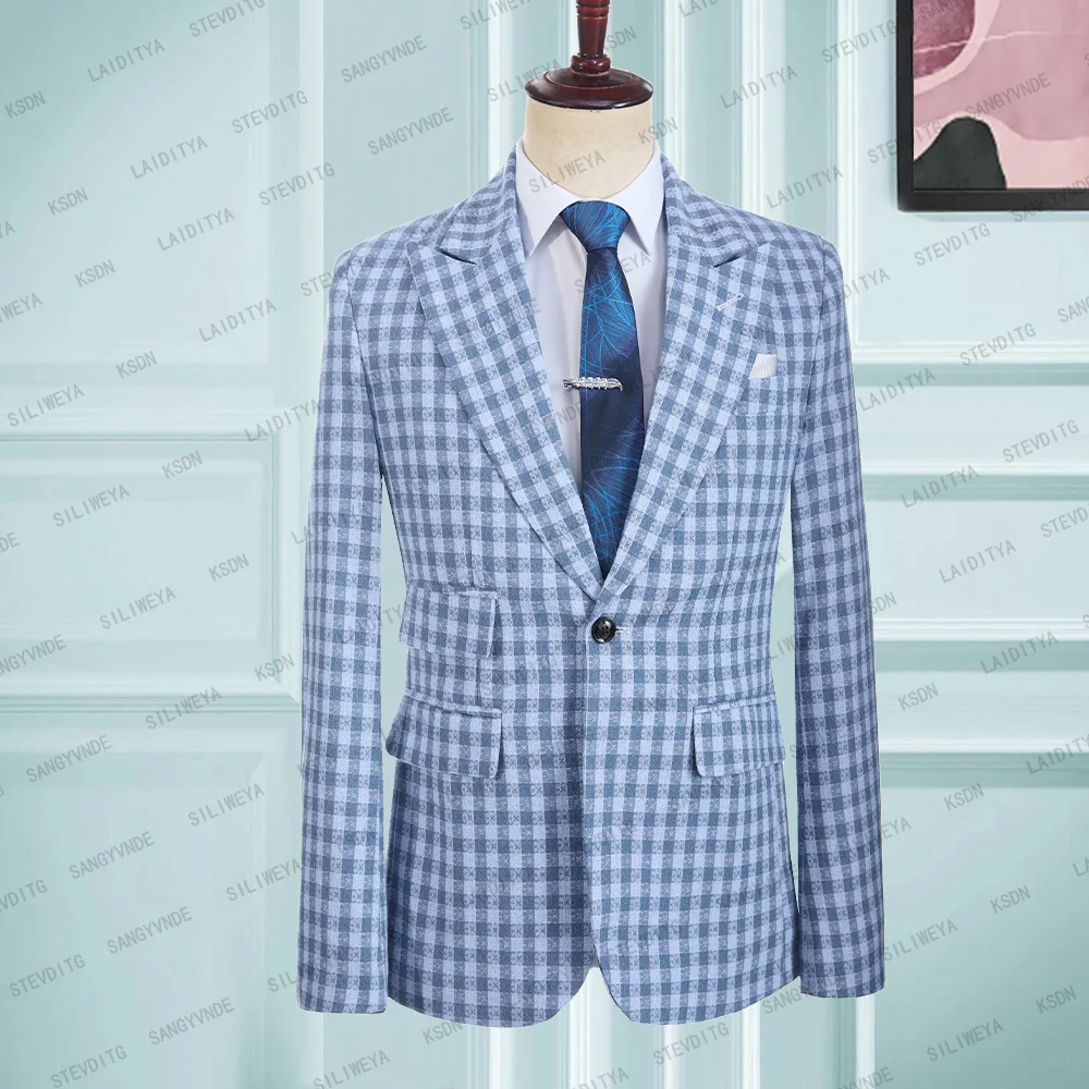 Luxury Blazer Men's Suit Jacket Blue For Male Peaked Lapel Single Breasted Check Plaid Pattern One Piece Slim FIit 2023 Wedding