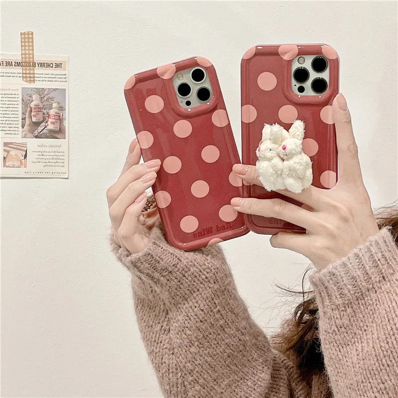 

Cute Plush Fur Rabbite Stand Holder Soft IMD Phone Case for iPhone 14 13 13Pro Max Polka Dots Silicone Cover for 12 11 11Pro Max