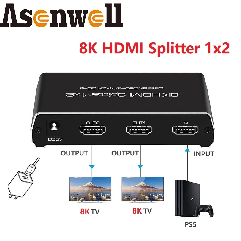 HDMI сплиттер 1x2 4K 120 Гц 8K 60 Гц HDMI 2,1 сплиттер преобразователь 1 в 2 выхода HDCP 2,3 UHD HLG HDR 7680x4320P для 8KTV PS5 Xbox Game