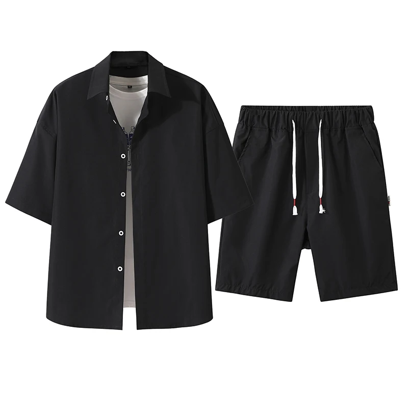 2023 Summer New Short Sleeve Shirt Set Harajuku Solid Color Shirt + Short Two-piece Casual Male Shirts Tracksuit Streetwear Suit