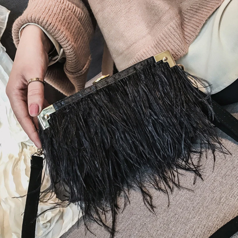 

Women Luxury Clutch Ostrich Feather Bag Tassel Tote Lady Crossbody Handbags Wedding Party Purse S4172
