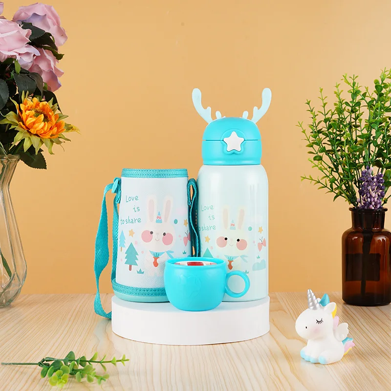 

500ml Antler Children's Thermos Mug 304 Stainless Steel Water Cup Strap Straw Cartoon Cloth Cover Kindergarten Bounce Student Gi