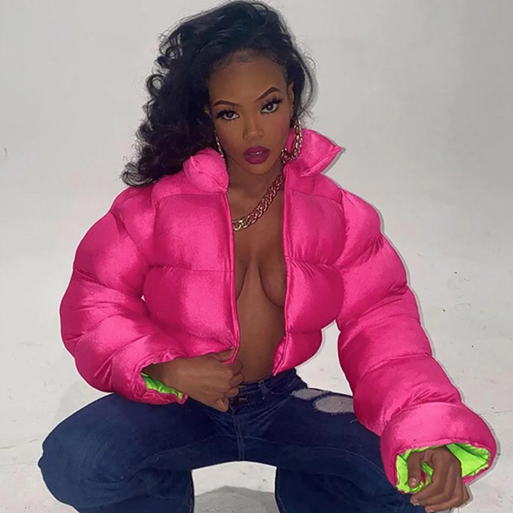 

Winter Cute Women Neon Pink Puffer Jackets Warm Thick Bubble Coats Stand Collar Parkas Down Zipper Cropped Bread Coat Jacket