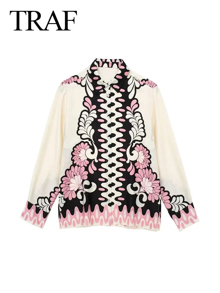 

TRAF Women's Summer Satin Flower Print Casual Shirt Fashion Patchwork Long Sleeve Button Up Loose Shirt Retro Women's Tops