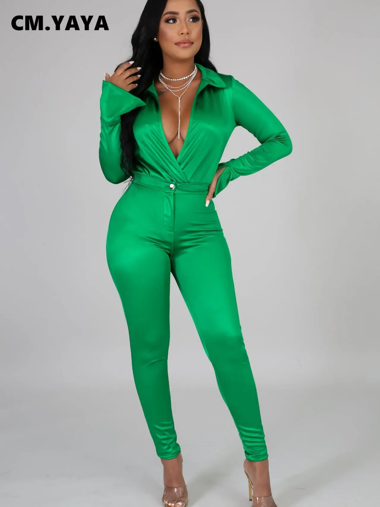 Женский Атласный Костюм CM.YAYA комплект из двух предметов рубашка с отложным