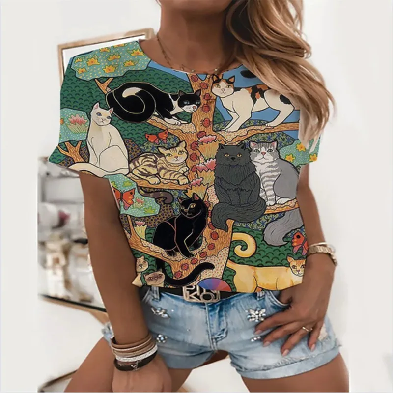 

New summer, cat print short sleeve T-shirt 3D Harajuku for women, round neck T-shirt, womens T-shirts
