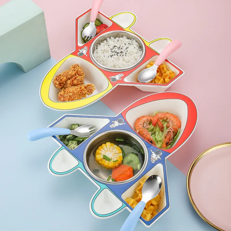 Stainless Steel Children's Aircraft Dinner Plate Removable and Washable Creative Cartoon Divided Plastic Plate Set