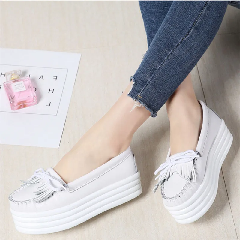 Tassels High Platform Shoe Loafers Women White Genuine Leather Casual Shoes Woman Flats Slip on Black Shoes Plataformas Lolita
