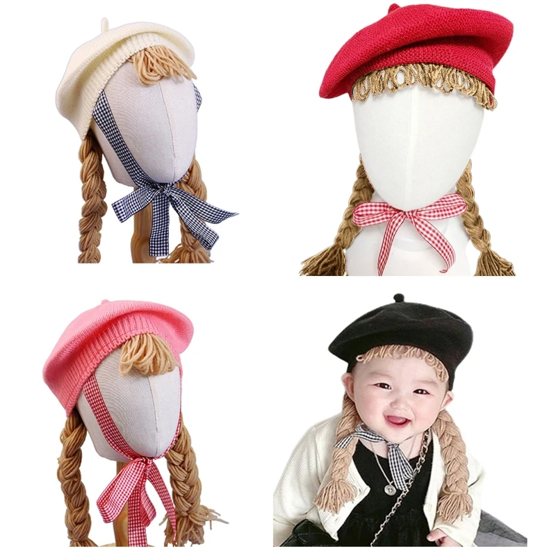 

Детский вязаный шерстяной берет C6UD с косами для волос