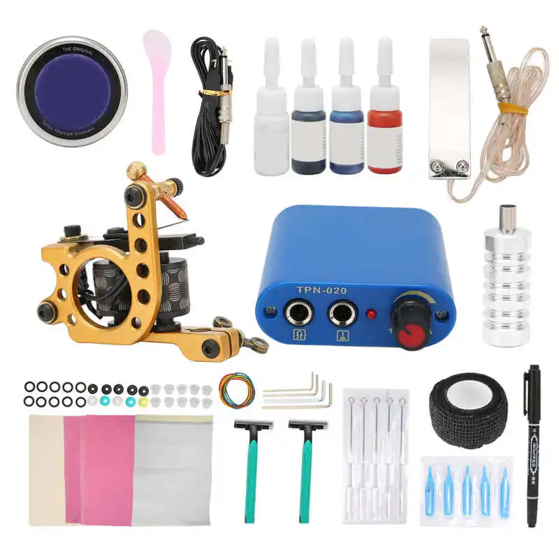 

Complete Tattoo Supply Kit Good Conductivity Tattoo Coil Machine Set Disposable Tattoo Needles Long Copper Wire with 4 Colors