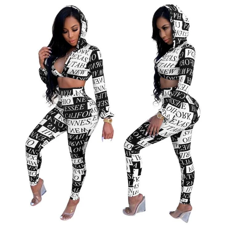 Women's Jumpsuits & Rompers 2 Two Piece Set Women Clothes Letter Printed Outfits Deep V Neck Full Sleeve Short Top + Pencil Pant